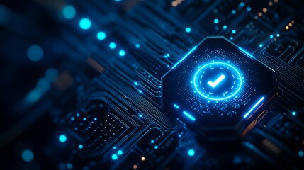 Fototapeta premium A power button on a digital semiconductor. AI chip with power icon or symbol as bright glowing pixels. Element of a circuit on tech bg. Vector illustration. Technology futuristic background.