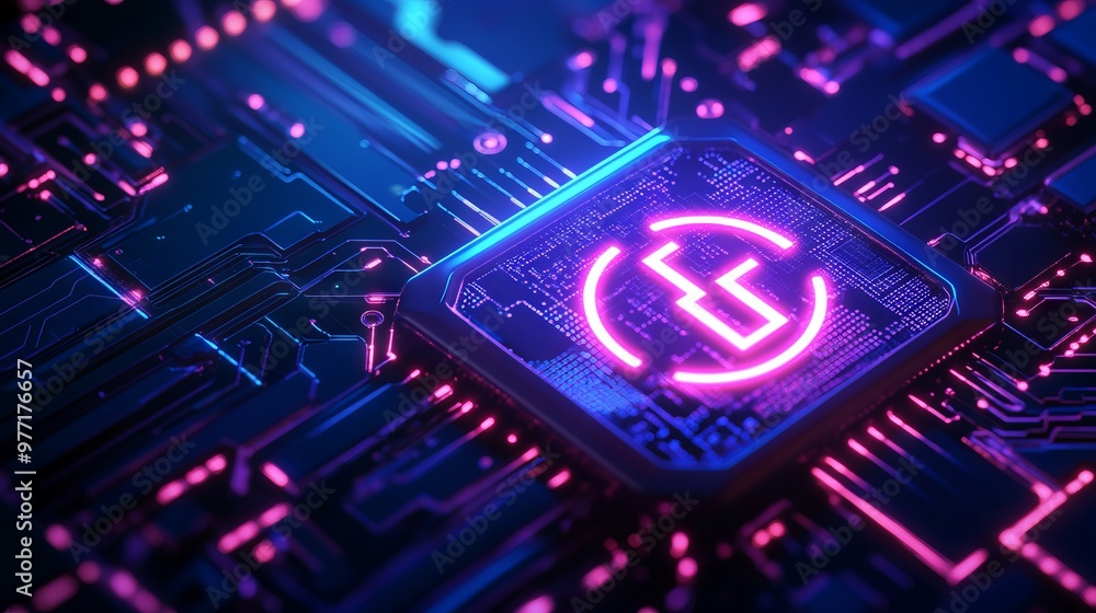 Poster a power button on a digital semiconductor. ai chip with power icon or symbol as bright glowing pixel