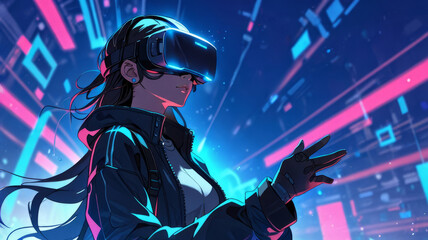 woman wearing virtual reality glasses and a headset on a solid blue background. Augmented reality, games, future technologies. Metaverse digital virtual reality technology.