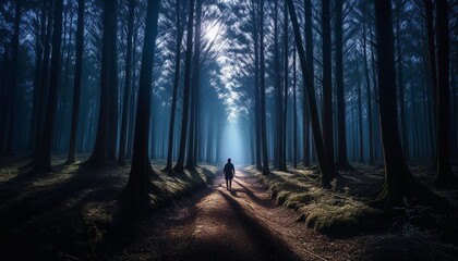 Fototapeta premium Lone Figure Walking Down Narrow Path in Dense Forest – Evoking Loneliness and Introspection