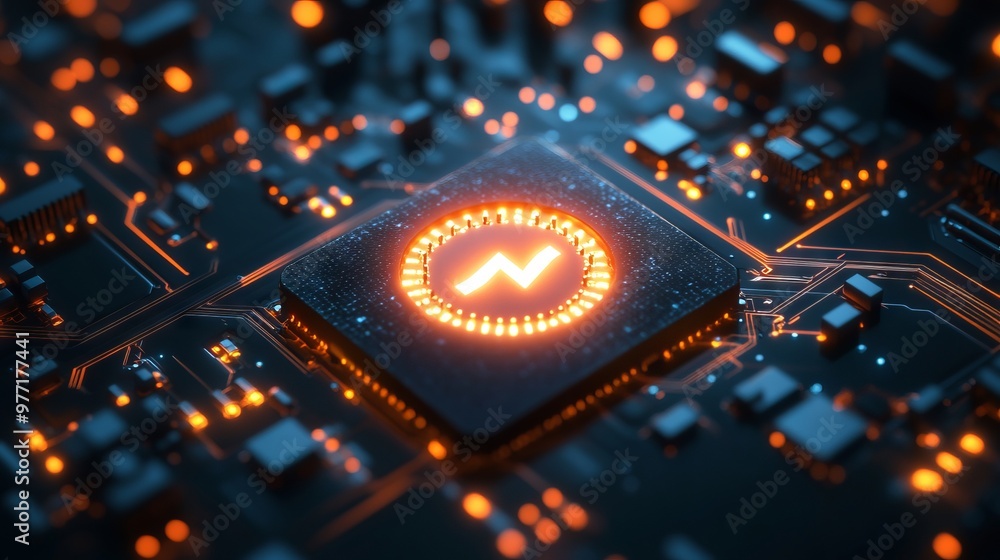 Poster a power button on a digital semiconductor. ai chip with power icon or symbol as bright glowing pixel