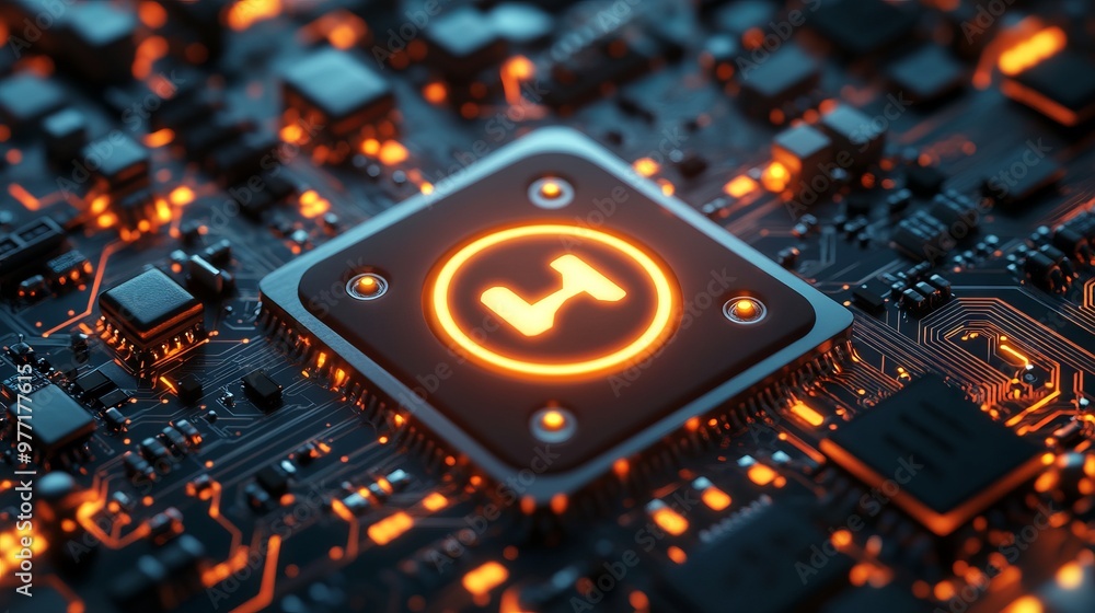 Poster a power button on a digital semiconductor. ai chip with power icon or symbol as bright glowing pixel