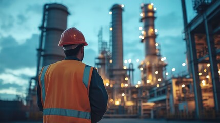 Back view of the logistics coordinator who inspects the bright power plant