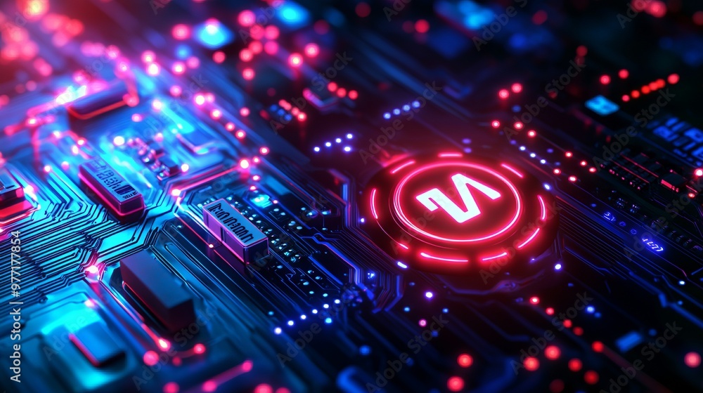 Poster a power button on a digital semiconductor. ai chip with power icon or symbol as bright glowing pixel