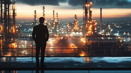 Back view of the logistics coordinator who inspects the bright oil refinery --ar 16:9 --v 6.1 Job ID: a38c9e87-8dff-41bb-ba35-964cf3875209