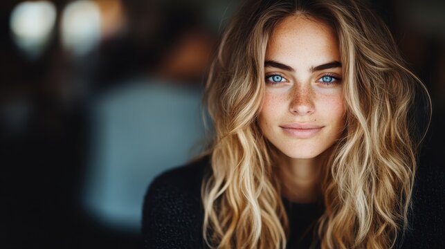 A captivating image of a woman with striking blue eyes and flowing hair, seated in a soft focus background that enhances her natural beauty and gentle smile.