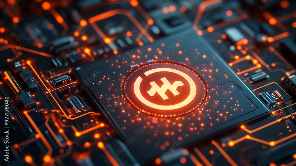 Poster a power button on a digital semiconductor. ai chip with power icon or symbol as bright glowing pixel