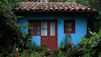 A cozy blue house features a red door, accompanied by red windows, and surrounded by an abundance of vibrant green plants, creating a charming and inviting atmosphere.