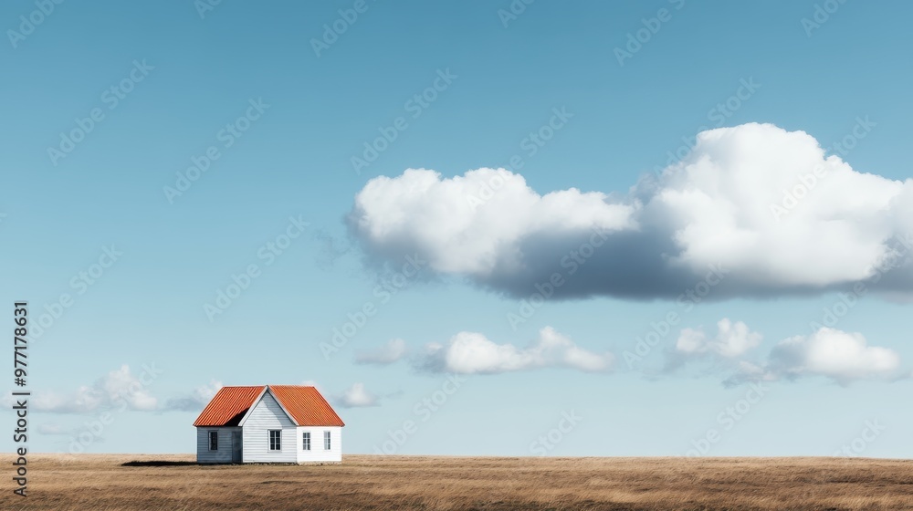 Wall mural A white house with a striking red roof stands alone in a vast field under a sky dotted with fluffy white clouds, creating a contrast between human habitation and nature.