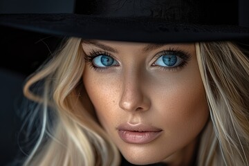 An intimate close-up portrait of a blonde woman with striking blue eyes and a black hat, showcasing her natural beauty and captivating gaze
