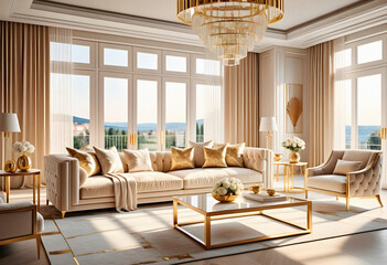Luxury living room interior with beige sofa and armchairs. 3d render. AI generated