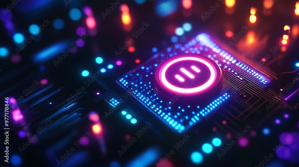 Poster a power button on a digital semiconductor. ai chip with power icon or symbol as bright glowing pixel