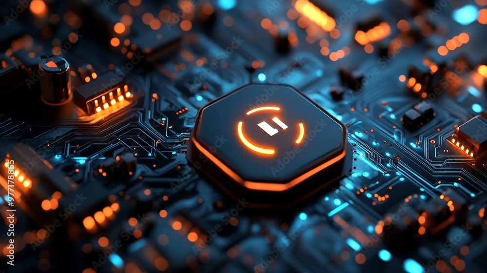 Aufkleber a power button on a digital semiconductor. ai chip with power icon or symbol as bright glowing pixel