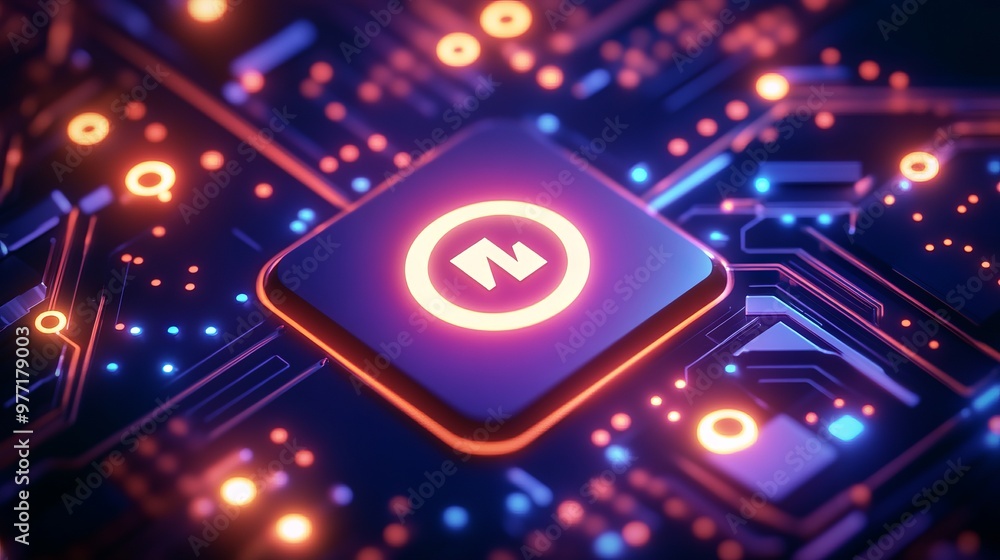 Poster a power button on a digital semiconductor. ai chip with power icon or symbol as bright glowing pixel