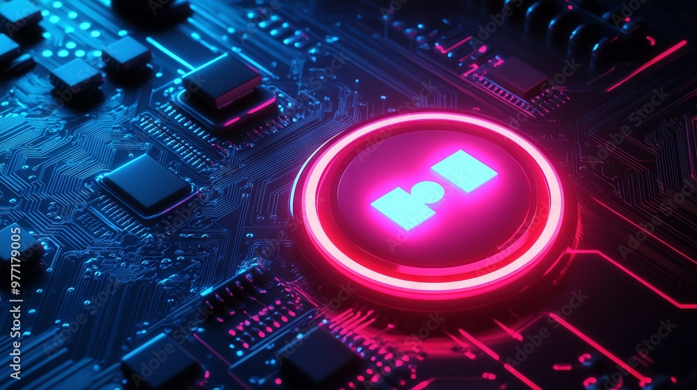 Poster a power button on a digital semiconductor. ai chip with power icon or symbol as bright glowing pixel