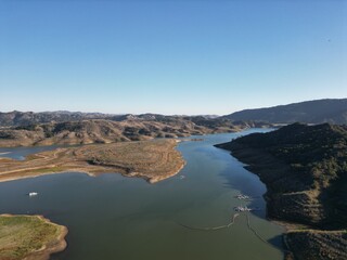 Drone shot of a lake and waterway in Ojai, California