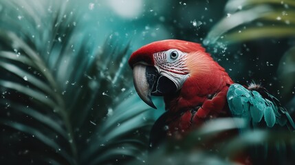 A parrot perched in a green jungle, with its vivid red, blue, and green feathers on display. The scene captures the beauty of the bird contrasted against its wet, lush environment.