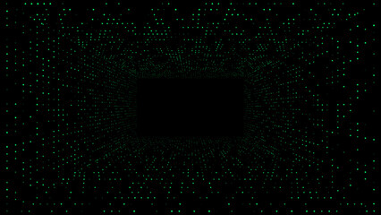 Abstract lighting dots tunnel background with glowing green lights pattern black background technology
