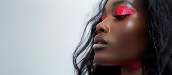 Bold cosmetic beauty banner copy space black model high fashion editorial edgy funky makeup pink eyeshadow glowing skin luxury branding ad photography banner copyspace blank background template