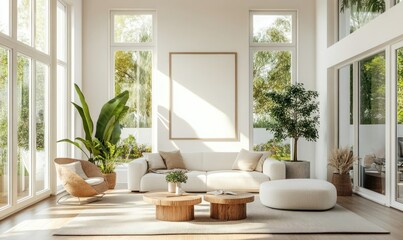 Bright living room with minimalist decor, large windows, and a white empty wall.