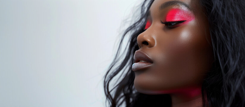 Bold cosmetic beauty banner copy space black model high fashion editorial edgy funky makeup pink eyeshadow glowing skin luxury branding ad photography banner copyspace blank background template