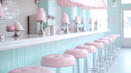This image showcases a vibrant pastel ice cream parlor with pink seating, reflecting a retro design. The shiny chrome bar stools and colorful decor evoke a cheerful ambiance.