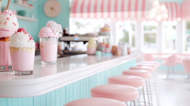 This pastel pink and blue retro ice cream parlor features a stylish bar counter with a variety of sweet treats on display, creating a delightful and nostalgic atmosphere.