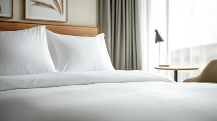 A cozy hotel bed is positioned near a window with sheer white curtains, allowing sunlight to flood the room and create a warm and inviting atmosphere, perfect for resting.