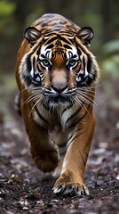 A majestic tiger with piercing eyes stares intently at the camera as it walks towards the viewer.
