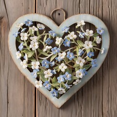 Pink heart shape made of wood with forget-me-not flowers on a rustic wooden background, copy space for your text