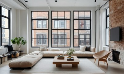 Modern Scandinavian loft apartment with minimalist decor, large windows, and natural light.