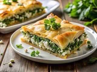 Savory spanakopita slice topped with a sprinkle of feta cheese and a few chopped fresh herbs, served on a crisp white plate