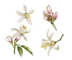 Lemons set flowers Watercolor illustration 