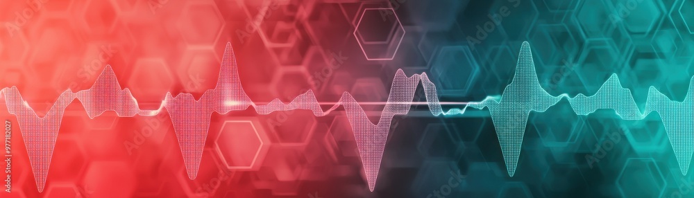 Poster abstract digital illustration featuring waveforms and hexagons in vibrant colors, symbolizing sound 