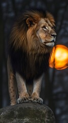 Fototapeta premium A majestic male lion stands tall on a rock, his golden mane flowing in the wind, as the sun sets behind him, casting an orange glow.
