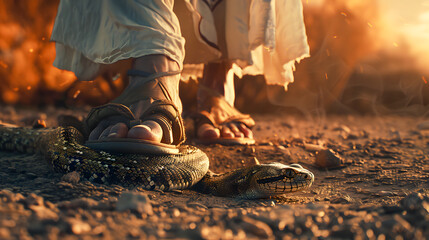 A male person wearing white robe and sandals, symbolizing Jesus Christ, stepping over the snake, crushing her head and body. Reference to Book of Genesis from the Holy Bible and God's promises