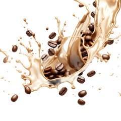 A dynamic splash of creamy coffee with floating coffee beans, perfect for beverage and dessert themes.