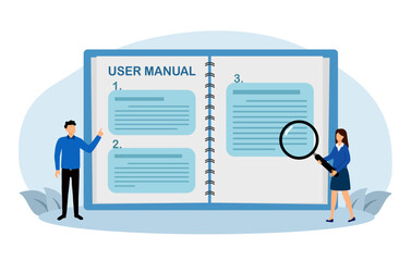 Employee with user guide manual or handbook in flat design vector illustration.