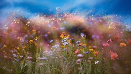 Flowers Cosmos in the meadow, blue sky background. soft and select focus