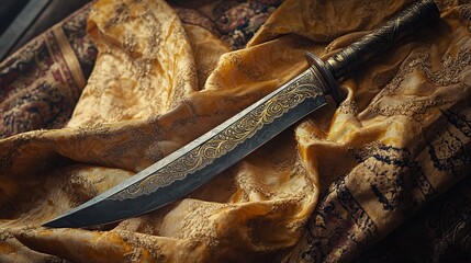 A beautifully crafted sword rests on luxurious fabric, showcasing intricate designs and craftsmanship.