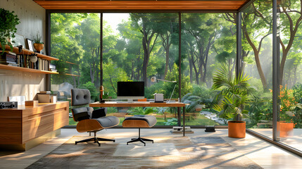Fototapeta premium Modern home office setup with ergonomic chair and sleek desk large windows offer a panoramic view of a lush garden blending indoor workspace with natural surroundings