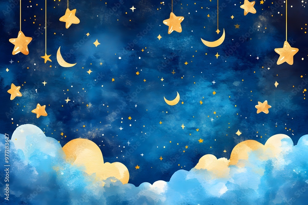 Sticker Watercolor Night Sky With Stars  Moon  and Clouds