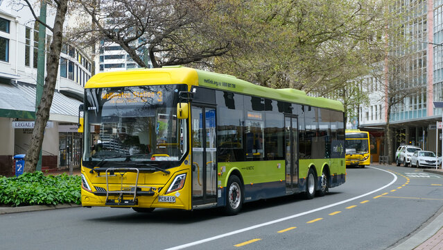 Metlink buses driving on Lambton Quay in central business district of capital city of Wellington, New Zealand - taken on 14 Sep 2024