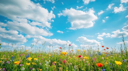 Fototapeta premium Colorful Wildflower Meadow Under a Bright Blue Sky with Fluffy Clouds