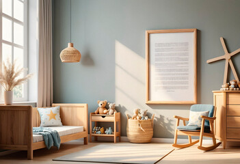 Interior of children's room with wooden toys. 3d rendering. AI generated