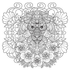 Animals In Flowers Coloring Book For Adult. Large Print unique vector design.