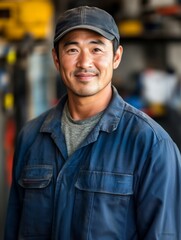 Asian mechanic man wearing work clothes standing smiling, garage background