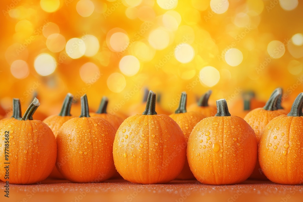 Poster a row of pumpkins with a bright orange color and a shiny surface. the pumpkins are arranged in a lin