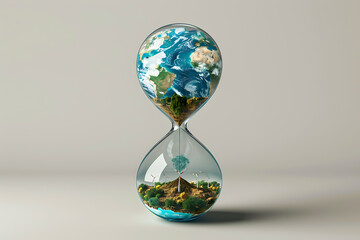 Hourglass filled with earth and sky textures isolated on a light background.