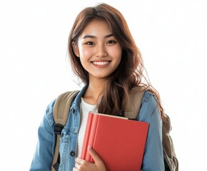 A young Asian female college student with a backpack holding her school books